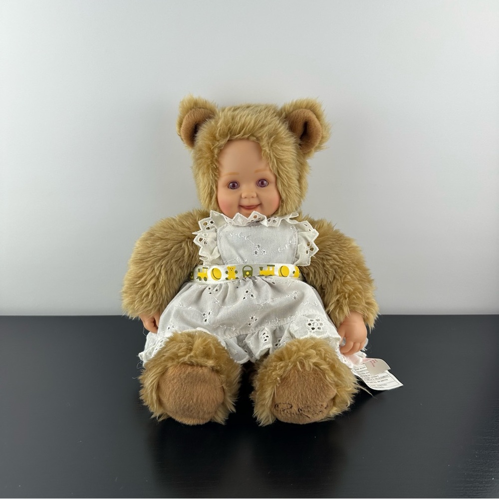 Anne Geddes Brown Bear Baby White Lace Apron Costume Outfit Plush Stuffed 12”